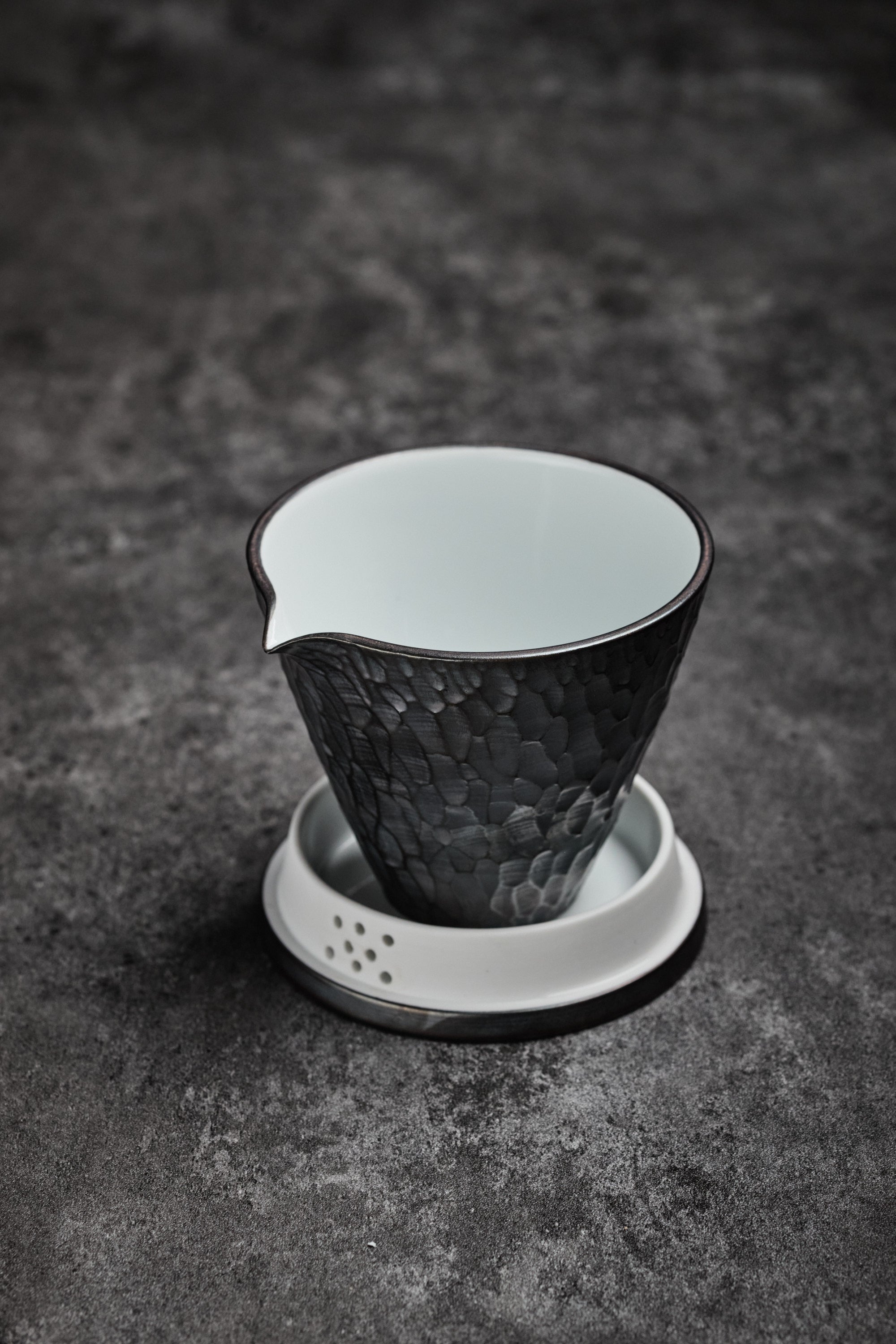 Porcelain Tea Holder / Pitcher with Hammered Pattern & Silver Coating