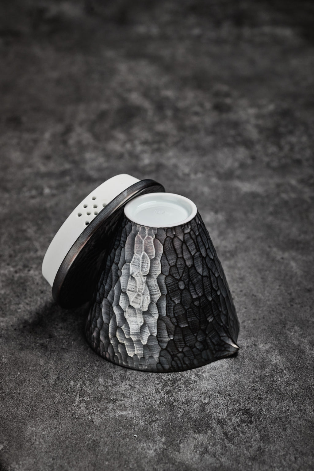 Porcelain Tea Holder / Pitcher with Hammered Pattern & Silver Coating