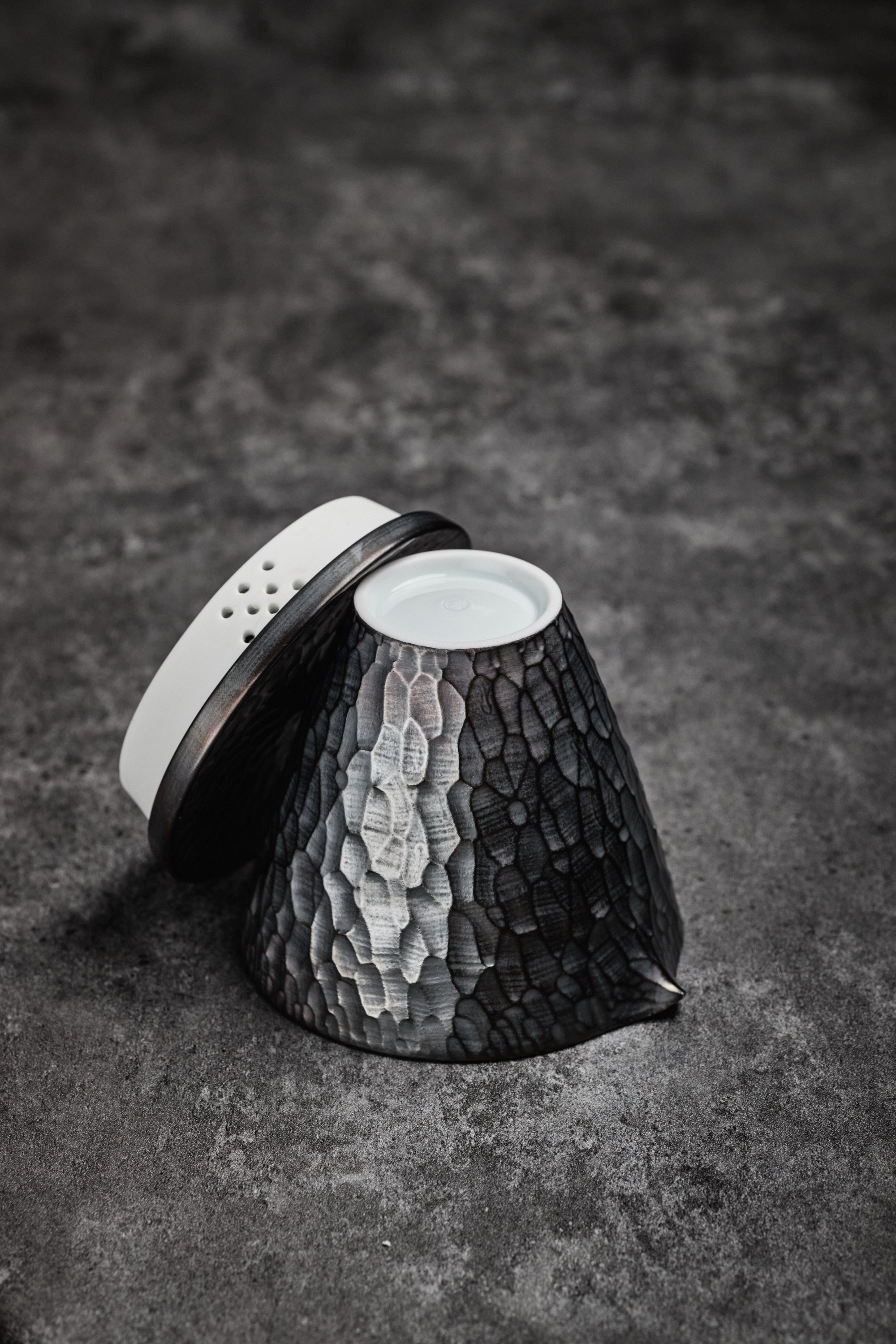 Porcelain Tea Holder / Pitcher with Hammered Pattern & Silver Coating