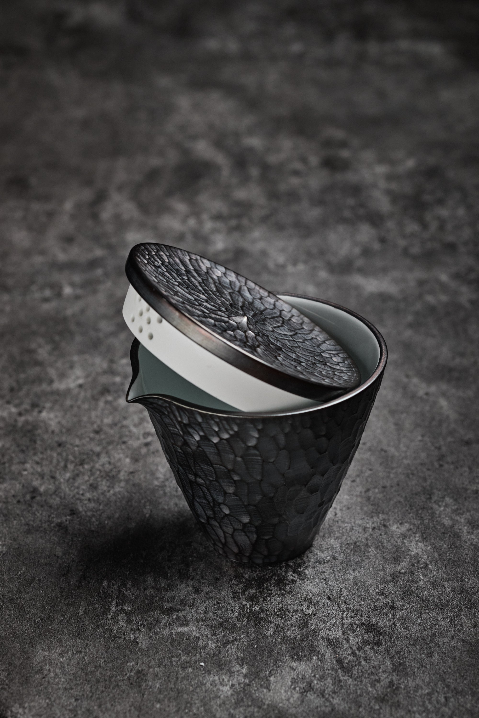 Porcelain Tea Holder / Pitcher with Hammered Pattern & Silver Coating